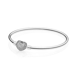 High Polish 100% 925 Sterling Silver Pave Heart Clasp Bangle Bracelets Fashion Women Wedding Engagement Jewelry Accessories2453