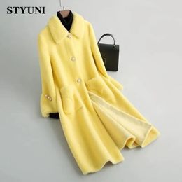 Yellow Solid Thick Woolen Long Sleeve High Waist With Belt Buttons Women's Jacket Wool Blends Korean Fashion Coat Winter 231228