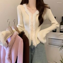 Women's Knits Vintage Chic Fluffy V-neck Splicing Design Coat 2023 Autum Slim Fit Sweaters Women Y2k Long Sleeve Knitted Cardigan Top