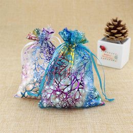 100 Pcs Blue Coral Fashion Organza Jewelry Gift Pouch Bags 7x9cm Drawstring Bag Organza Gift Candy Bags DIY Gift Bags301q