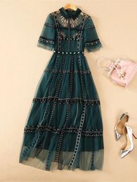 Dress Summer Runway Green Mesh Embroidery Dress Women's Short Sleeve Vintage Dot Embroidered Tulles Elegant Evening Party Long Vestido