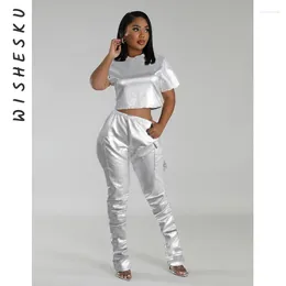 Women's Two Piece Pants Set Women Metallic Outfits Sexy O Neck Short Sleeve Crop Top High Waist Straight 2024 Spring Fall Y2K Clothes