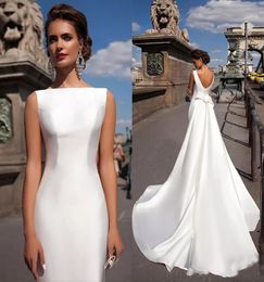 Elegant Aline Wedding Dresses Neck Backless Waist Bow Bridal Gowns Satin Custom Made Wedding Dresses Court Gown Plus Size Vestido4198990