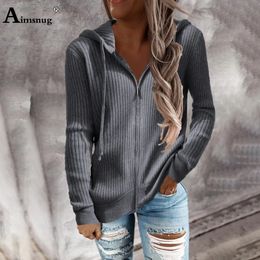 Women Fashion Hooded Top Grey Black Knitted Sweaters Female Long Sleeve Zipper Cardigans Ladies Streetwear 2023 Autumn Sweater 231228