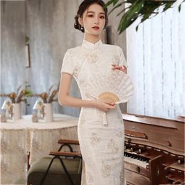 Ethnic Clothing Classic Elegant White Female Qipao Vintgae Mandarin Collar Lace Flower Cheongsam Sexy Split Vestidos Traditional Chinese
