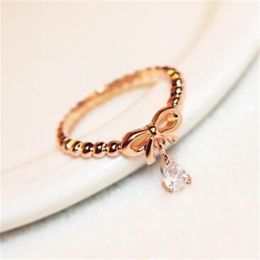 Korean Women Jewellery Luxury Water Drop Zircon Rings Rose Gold Plated Bowknot Charms Fings for Wedding Party Vintage Finger Rings J289S