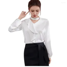 Women's Blouses Office Ladies 2023 Vintage Elegant Satin Silk Long Sleeve Halter V-neck Ruffles Shirt Women Loose Tops Female Shirts