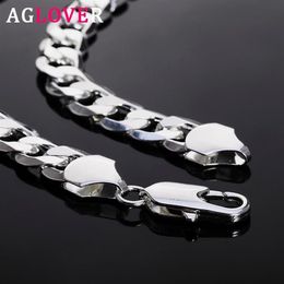 AGLOVER 925 Sterling Silver Cuban Chain 12MM 18 20 22 24 26 28 30 Inch Side Chain Necklace For Woman Man Fashion Jewellery Gift258e