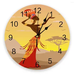 Wall Clocks African Woman Ethnic Clock Living Room Home Decor Large Round Mute Quartz Table Bedroom Decoration Watch