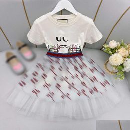 Clothing Sets 23Ss Kid Kids Designer Clothes Skirt Set Girls Round Neck Pure Cotton Logo Printing T-Shirt Ribbon Splicing Net Yarn Hal Dhyq9