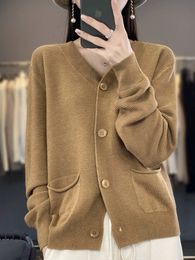 Spring Autumn Womens Vneck Pure Colours Cardigan Merino Wool Twist Flower Cashmere Sweater Female Casual Coat Top 231228