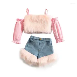 Clothing Sets 0-4Y Fashion Little Girls Clothes Fur Patchwork Off Shoulder Spaghetti Long Sleeve Crop Tops Denim Shorts