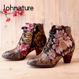 Boots Johnature Women Boots Genuine Leather Embroidery Cloth Women Shoes Zip Handpainted Round Toe Crosstied Ankle Platform Boots