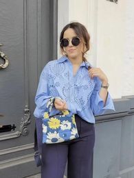 Women's Blouses 2023 Fashion Embroidered Hollow Blue Shirt Vintage Leisure Elegant And Youth Woman Loose