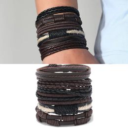 Charm Bracelets 6-pcs Vintage Bracelet Men Hand Woven Wax Rope Cowhide Jewellery PU Leather Multi-layer Six Piece Set