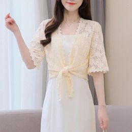 Women's Blouses Women Cropped Shirt Half Sleeve Cardigan Stylish Lace Embroidery Horn Shawl Short Type A Solid Color