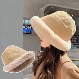 Berets Fluffy Bucket Hat Women Winter Ear-protection Fur Plush Cap Thermal Warm Thickened Fisherman Caps Soft Solid Lamb Mongolian