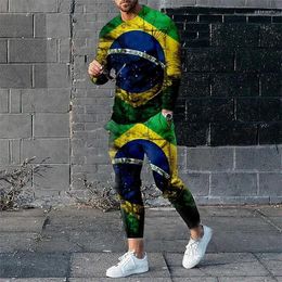 Men's Tracksuits 3D Printed Long Sleeved Set Brazil/France/Spain Flag Sportswear Pants 2-piece Clothing