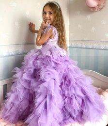 Girl Dresses Lavender Lace Tulle Ruffle Flower Dress For Wedding O Neck Kid Princess Sleeveless Birthday Pageant Party Gowns