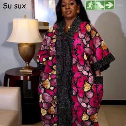 Ethnic Clothing African Print Dresses For Women 2024 Dashiki Plus Size Sequins Pocket Maxi Dress Clothes Robe Africaine Femme