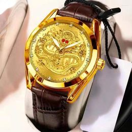 Wristwatches Luxury Mens Watches Fashion Embossed Gold Dragon Diamond Watch For Men Waterproof Luminous Wristwatch PU Band Male Clock