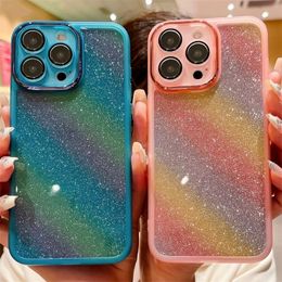 Luxury Rainbow Glitter Clear Silicone Case For iPhone 15 14 13 1211ProMax 15Plus Camera Lens Protective Cover