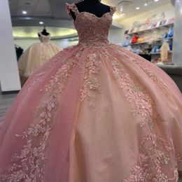 Pink Shiny Quinceanera Dresses Ball Gown Applique Lace Beads Prom Party Sweet 16 Years Girl Birthday Party Vestidos 15 Anos Princess