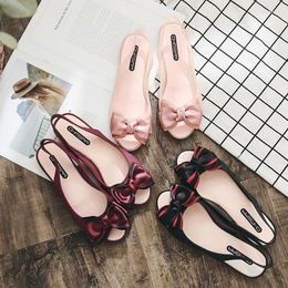 Sandals Summer Candy Colour Slingback Jelly Shoes Women Pvc Striped Bow-tie Peep Toe Flat Mules 2023 Ladies Sandalias Sweet Strap