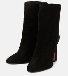 Top 2024S/ Winter Designer Leather Aquazzura Manzoni Bootie black Grey Brown Suede Slouchy Woman Bootie embellished play Mid Calf Block Heel Stretch 35-43