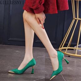 Boots Aug New Woman Pink Pumps Luxury Designer Metal Pointed Stiletto Shallow Mouth Single Shoes High Heels Women Green Party Shoes