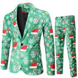 Xingqing Men Tuxedo Suits Christmas 2 Piece Regular Fit Suit Snowflake Santa Print Blazer Jacket Pants Set Party Outfits 231229