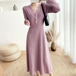 Pleated Knit Dress Korean Style Spring And Autumn Inner Midi Dress Women's Clothing Fashion V-Neck Buttons Waist Dress 231229