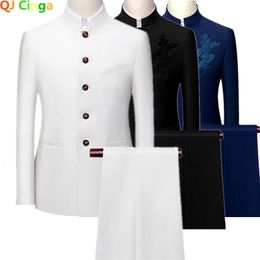 White Mens Stand Collar Chinese Style Slim Fit Two Piece Suit Set Men Zhong Shan Blazer Jacket Coat Pants Trousers 2 Pcs 7XL 231229