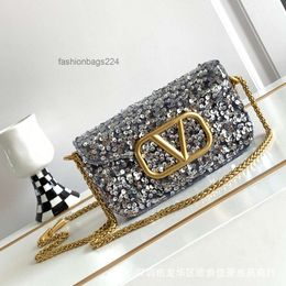 Bag VLTN Sequins Small Leather Bags Women's Beads Diagonal Cross Chain Square Fashionable Shiny Purse Baguette High-end Goods Designer K3HSR427