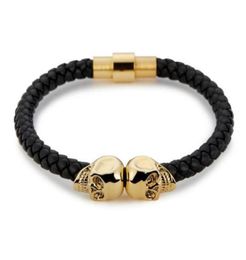 Sell Mens Black Genuine Leather Braided Skull Bracelets Men Women Stainless Steel Gold North Skull Bangle Fashion Jewelry6580251