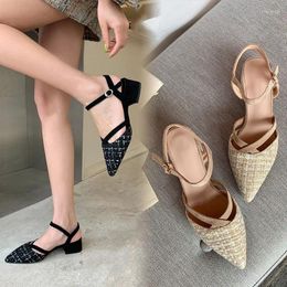 Sandals YQBTDL Chunky Square Heels Beige Black Plaid Pointed Toe Woman 2023 Summer Cross Strap Leisure Womans Block Heel Shoes