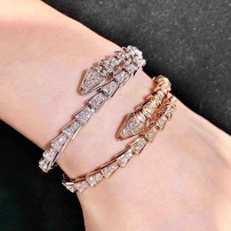 Bulgarie Carer Original Luxury Designer Bracelet Snake Shaped Bracelet for Women Pure Silver With18k Rose Gold Full Diamond Bone Opening Head Nlaid with Diamond