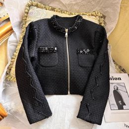 Women's Jackets Black Short Cardigan Zipper Studded With Diamonds Round Neck Tweed Jacket Slimming Style Top Autumn