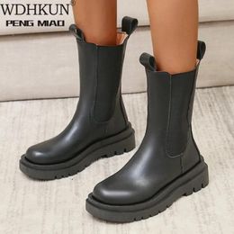 Boots Chelsea Boots Chunky Boots Women Winter Shoes PU Leather Plush Ankle Boots Black Female Autumn Fashion Platform Booties