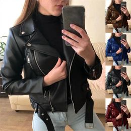 Women's Jackets Women Jacket Solid Colour Faux Leather Windproof Loose Turn-down Collar Lady Coat For Motorcycle Riding