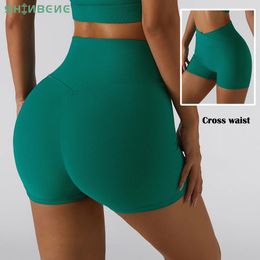 Skirts Shinbene 3" Sexy V Waist Ribbed Yoga Gym Biker Shorts Women Cross Waist Butt Scrunch Workout Sports Booty Shorts Sportswear