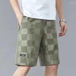 Men's Shorts Summer Pure Cotton Loose Casual Plaid Printed Breathable Capris Straight Tube Elastic Waistband Quarter Pants