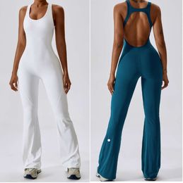 LL-8632 Womens Jumpsuits One Piece Yoga Outfits Bell-bottoms Pants Sleeveless Close-fitting Dance Jumpsuit Exercise Long Breathable