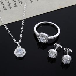 Necklaces Sier Plated Necklace Pendant Ear Studs Opening Ring Crystal Jewelry Earring Solid Noble Fashion Rings Elegant for Women Girl