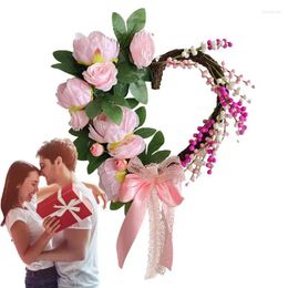 Decorative Flowers Valentines Door Wreath Heart Shaped Artificial Spring Garland Welcome Sign Festival Hangings Decor For