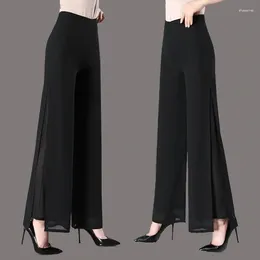 Women's Pants Office Lady Double Chiffon Flare Spring Summer High Waist Thin Culottes Elastic Loose Split Casual Women Long Trousers N48