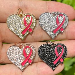 Bracelets 5pcs Zircon Pave Heart Ribbon Breast Awareness Charms Pendants Jewellery Making Bracelet Necklace Accessories