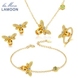 Bracelets Lamoon Bee Sterling Sier Jewellery Sets for Women 1ct Natural Citrine Rings Bracelet Necklace Earrings Set for Women V0275