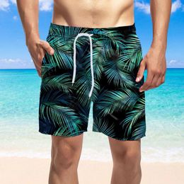 Men's Shorts Summer Hawaii Leaf Printed Beach Short Oversize Loose Pockets Board Outdoor Lace Up Swimsuit Bottoms Male Trunks