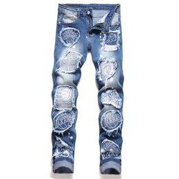 Mens Letter Embroidered Patch Jeans Blue Stretch Streetwear Spring Slim-Fit Patchwork Pants Causal Cotton Denim Trousers